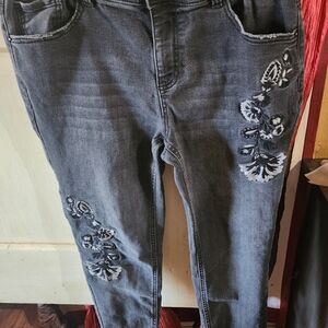 DC Jeans Slightly Curvy Gray Embroidered Floral Skinny Denim Size 16P Y2K
